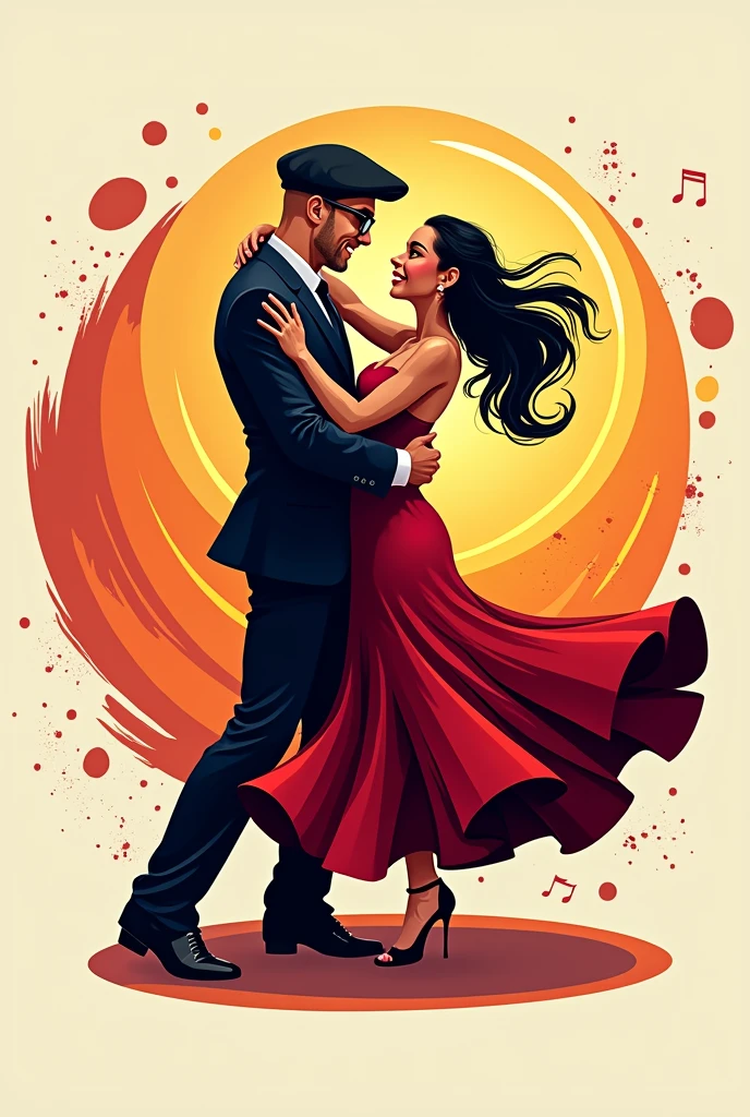 Generate a logo for a dance company named "Salsa con Groove", that includes a couple dancing and where the man is bald, with beret and glasses