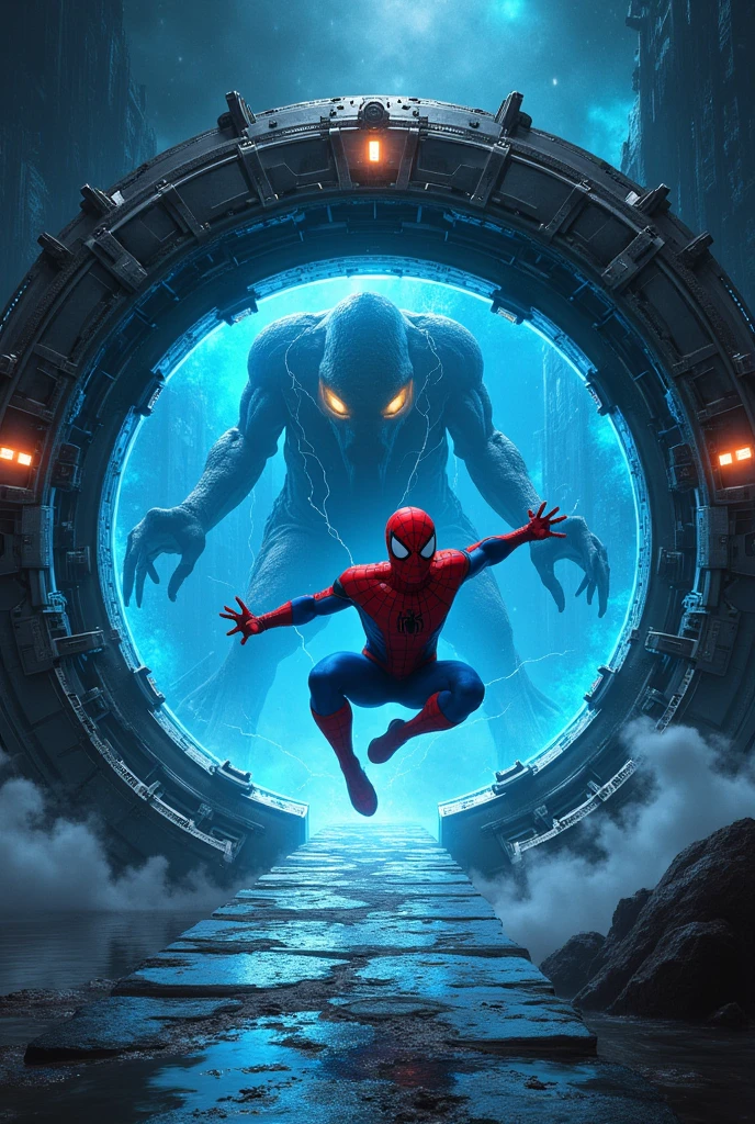 Make an image of spiderman escaping in a stargate with blue mechanisms against a creature in the universe of chulthuluh disgusting octopus profile photo