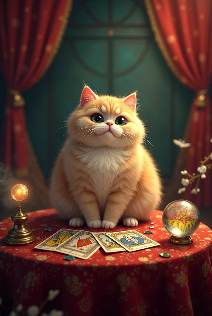 A fat and cute cat fortune teller with long hair