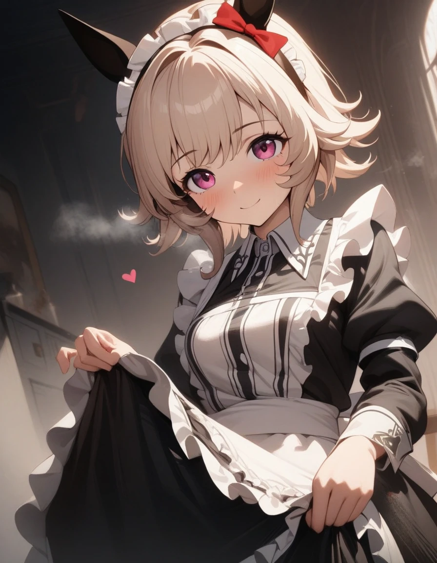 1girl, curren chan \(umamusume\), maid, main apron, maid headdress, skirt lift, puff, steam, gentle smile, visible air, cinematic angle, heart, nsfw, explicit, (masterpiece), (best quality), (ultra-detailed), very aesthetic, illustration, disheveled hair, perfect composition, moist skin, intricate details
