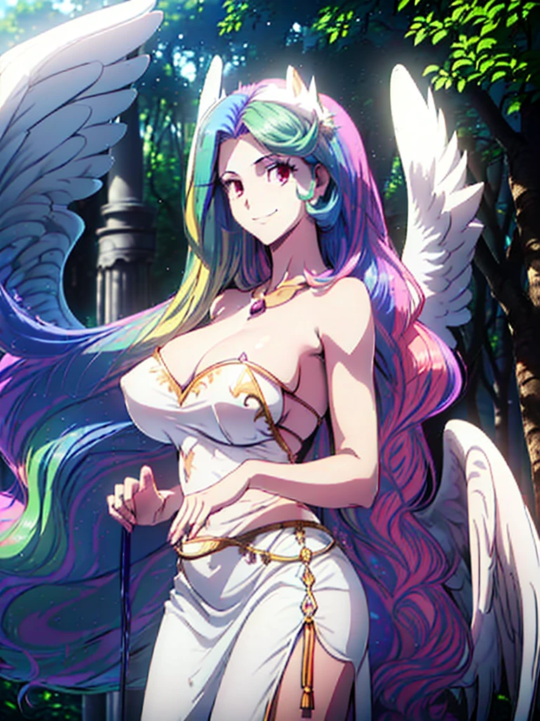 great quality ++ Extremely detailed high resolutionolution, very aesthetic, expressive eyes, (((perfect face))), (((face symmetrical))), ((good anatomy)), (((perfect hands))), (((8k))), UHD, HD wallpaper, (((detailed high cal, (((((1girl)))))), only, masterpiece, The best quality, high resolution, Highly detailed, (illustration), beautiful detailed eyes, (((combatant))), (((1girl))), ((((fulll body)))), (((((((irisviel von einzbern)))))), (((((princess celestia)))), ((((human form)))), (((((smile))))), ((humanized princess celestia)), Celestia, Celestia de My Little Poni, Celestia in milf form, long wavy hair, (((red eyes))), (((strapless tube dress))), (((white dress))), (((milfication))), (((mature female))), (((gigantic breasts))), (((white pony ears))), (((wings))), (((Detailed fingers))), Precise fingers, Not unnatural hands, strange eye, Greek columns, exterior, beautiful majestic forest, vine leaves surrounding the columns, flower bushes everywhere, clear sky, bright sunny day, ((((Multicolored Hair))), heavenly forest,