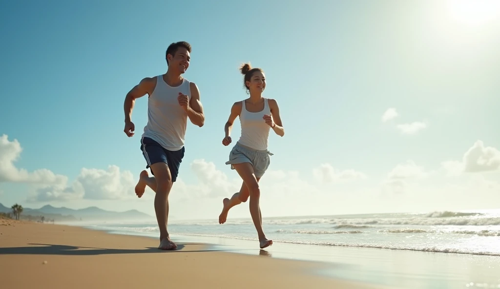 (best quality, masterpiece, ultra detailed), A Japanese man and a woman are running together on the beach