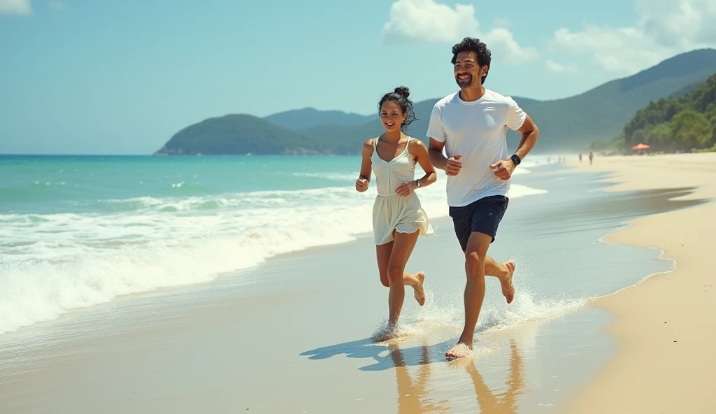 (best quality, masterpiece, ultra detailed), A Japanese man and a woman are running together on the beach