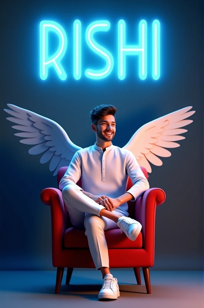 Create a stunning 3D profile picture where a young man (around 20 years old) with a charming smile sits casually on a velvet wingback chair. Dressed in a crisp kurta and white sneakers, he gazes confidently into the distance. Behind him, a vibrant blue neon sign spells out "RISHI" in a bold, futuristic font against a deep charcoal wall. The scene is bathed in a warm, ethereal glow, highlighting his angelic presence with subtle, feathery wings.