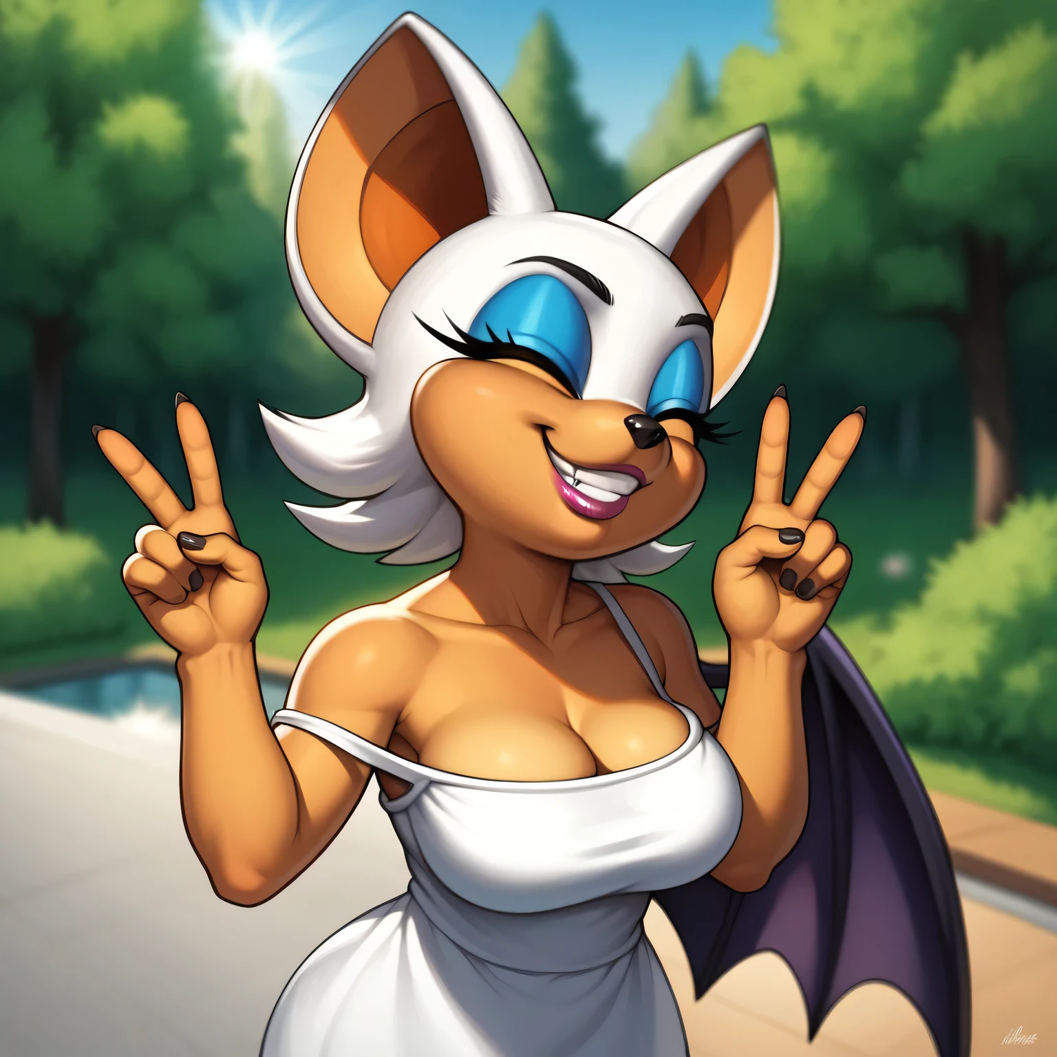 (masterpiece, Best Quality:1.2), Furry, Rouge The Bat, (((breasts:1.7))), (((shortstack:0.9))), natural park, nature background, (((cute smile:1.0))), pov, romantical date, hd image, professional photography, waving at the camera, eyes closed, peace sign, white sundress, cute, sunset, reflection of the sun on the lens