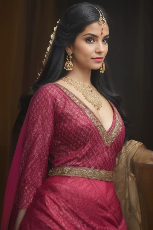 (best quality,4k,8k,highres,masterpiece:1.2),ultra-detailed,(realistic,photorealistic,photo-realistic:1.37) a beautiful indian goddess, slim figure, intricate ornate costuming, long flowing hair, provocative pose, deep cleavage, full-length photo, extremely detailed, hyperrealistic, photorealistic, 8k, cinematic lighting, dramatic colors, hindu aesthetic, stunning beauty, masterpiece