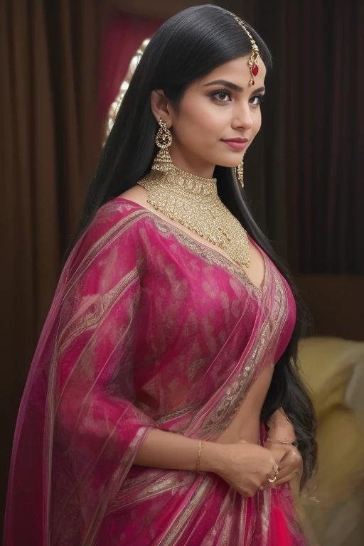 (best quality,4k,8k,highres,masterpiece:1.2),ultra-detailed,(realistic,photorealistic,photo-realistic:1.37) a beautiful indian goddess, slim figure, intricate ornate costuming, long flowing hair, provocative pose, deep cleavage, full-length photo, extremely detailed, hyperrealistic, photorealistic, 8k, cinematic lighting, dramatic colors, hindu aesthetic, stunning beauty, masterpiece