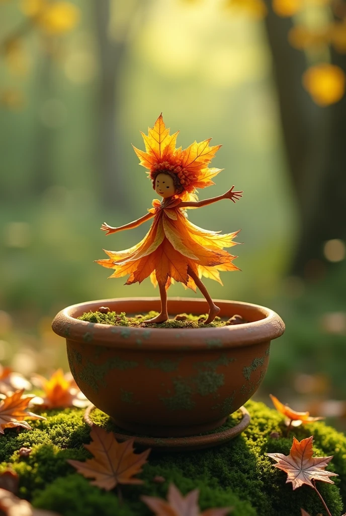 A whimsical miniature figure composed of delicately arranged autumn leaves, poised in a carefree dance on the rim of a weathered, moss-covered terracotta pot, set against a lush, vibrant forest backdrop, where dappled sunlight filters through the canopy above, casting intricate shadows. The overall aesthetic is ethereal, with warm, earthy tones of sienna, umber, and olive green, infused with hints of emerald and golden light, evoking a sense of wonder and enchantment, as if plucked from a fantastical realm.