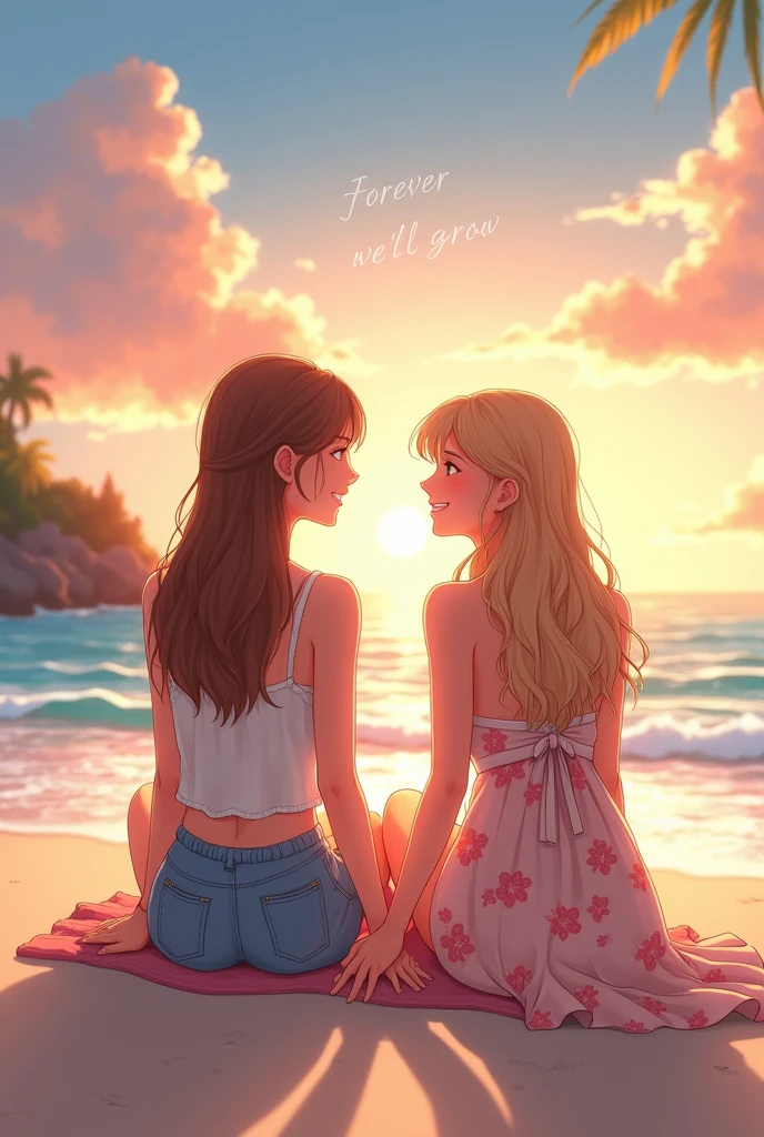 a cute 8 year old church girl named Anna with a cute 5 year old girl named natalie, both brownish blonde hair, long wavy hair, short sleeved blue wish week tshirt, pink shorts, on a sandy beach, sunset, standing in the sand, slight smile, holding a phone