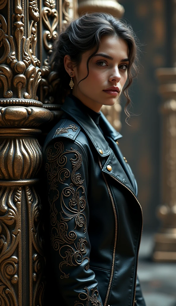 Complex architecture black tattooed leather biker jacket Intricate Filigree opulent patterns