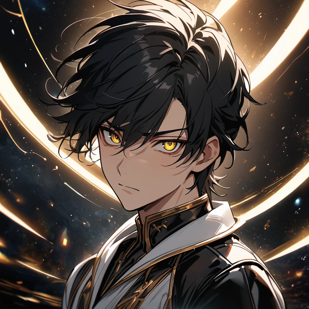 High quality, HD, 4k, no shadows, handsome male, handsome, 1male, 18 years old, 18yo, short black hair, dark hair, black hair, jet black hair, sharp eyes, deep golden colored eyes, dark gold colored eyes, deep gold eyes, gold eyes, devil may cry, close up, calm expression, stoic expression, black leather clothes, white leather clothing, lean body, well trained body, upper body, looking at viewer, cowboy shot, white solar, space background