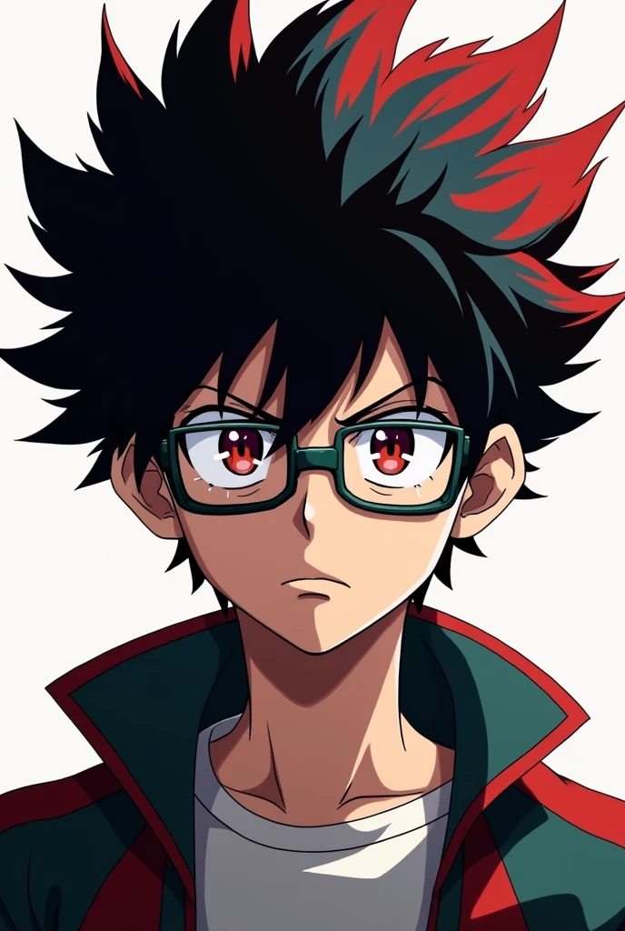 Help me create a My Hero Academia character with black hair and parts of his hair red with aqua red eyes and glasses, with a serious and upset expression on a completely white background 