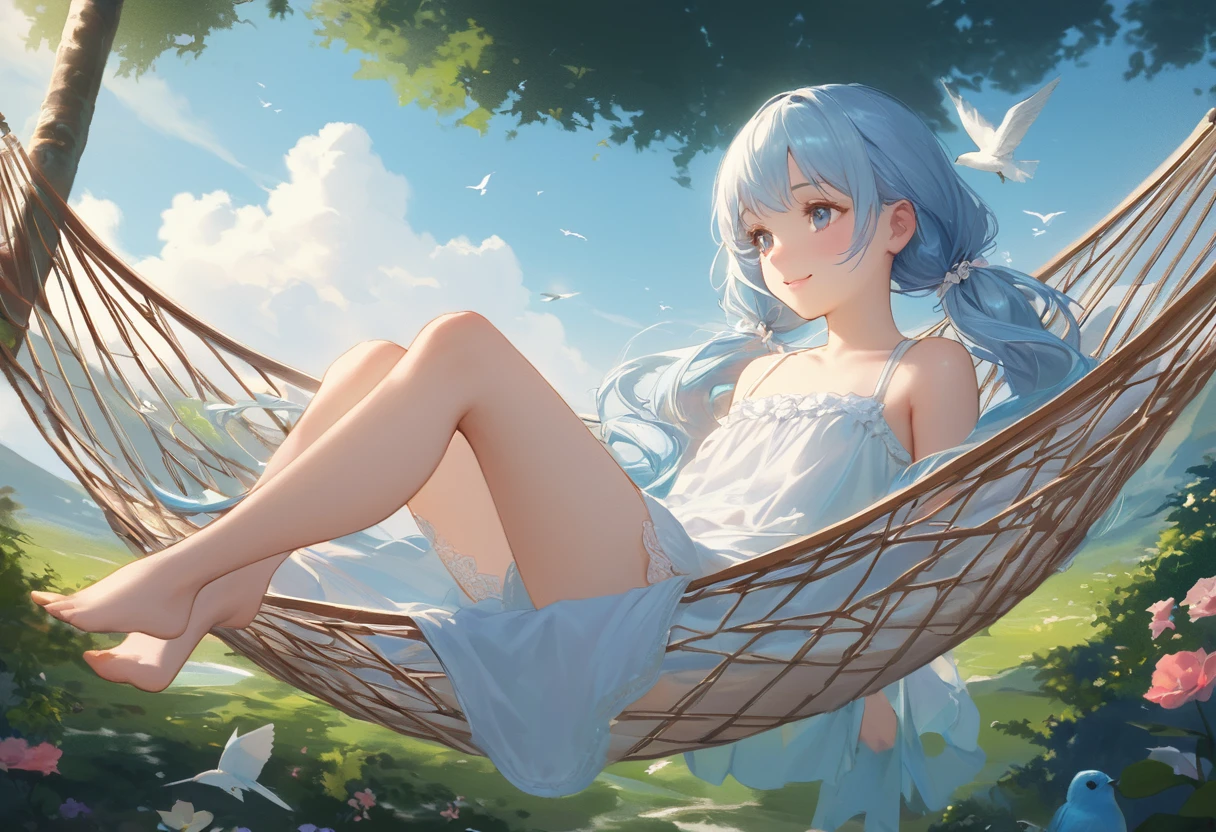 ((( light blue long hair)))),,(tiny 1girl model),)(flat chest),light blue hair, , long hair ,masterpiece, best quality,(((((a very delicate and beautiful girl))))),,(tiny 1girl model:1.2),)(flat chest),((((little delicate girl)))),tareme(true beautiful:1.2),、Girl lying down with her dog in a comfortable hammock in a colorful garden,Light blue long hair、Beautiful girl with twin tails、Adorable smile、Looking at the camera、Relaxing in a hammock from the top of a mountain looking out over the valley below、,A soft breeze gently rustles the flowers and grass around her.,Relaxed atmosphere,Surrounded by lush greenery,Natural Beauty,Peaceful and serene,Feeling totally relaxed and carefree [Beautiful attention to detail,Beautiful lip detail],Wearing a loose summer dress,Immerse yourself in a fascinating book,background,A small waterfall flows slowly,Laid-back clouds floating in the clear blue sky,Birds chirping happily,Creating a harmonious melody,Evokes a sense of peace and calm,Artistic and dreamy landscapes,masterpiece:1.2,High resolution,Very detailed,Realistic,Studio Lighting,Vibrant colors,Soft and warm color palette
