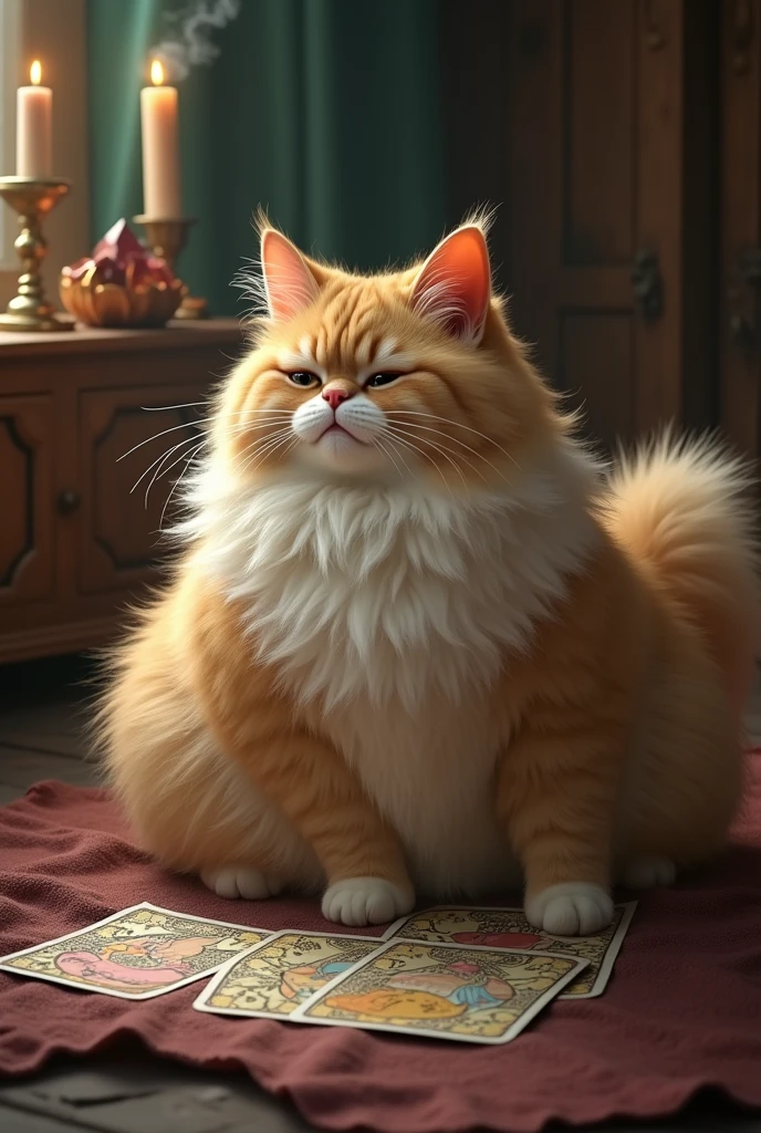 A cute fat cat fortune teller with long hair.