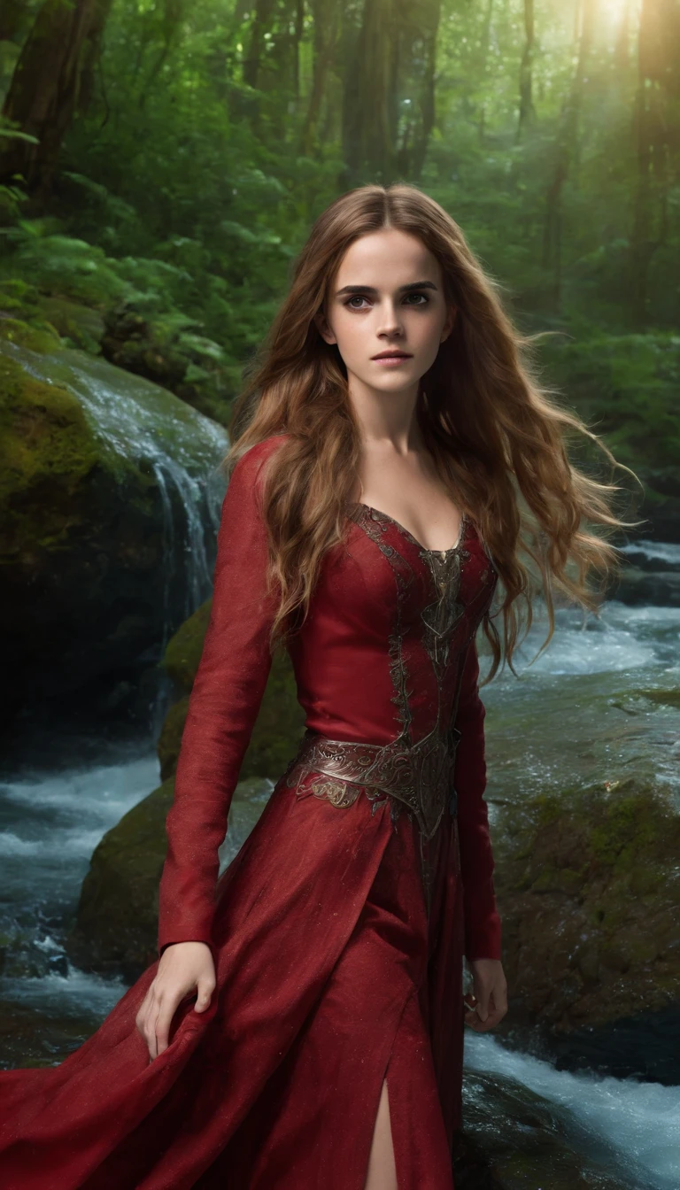 ((Emma Watson)) as Hermione Granger, ((Long Hair)), (Big Breasts), in Red Slit clothes walking in forest happy holding magic stick
(((Sexy Red Slit Slave Dress))), (Long Hair:2.0), enchanted forest at twilight, ethereal light filtering through ancient towering trees, vividly detailed lush undergrowth, mystical creatures lurking in the shadows, sparkling fairy lights weaving through the foliage, a crystal-clear stream with water so pure it glows, cascading waterfall in the background with magical properties, fantasy wildlife drinking at the water's edge, highly detailed, photorealistic textures on every surface