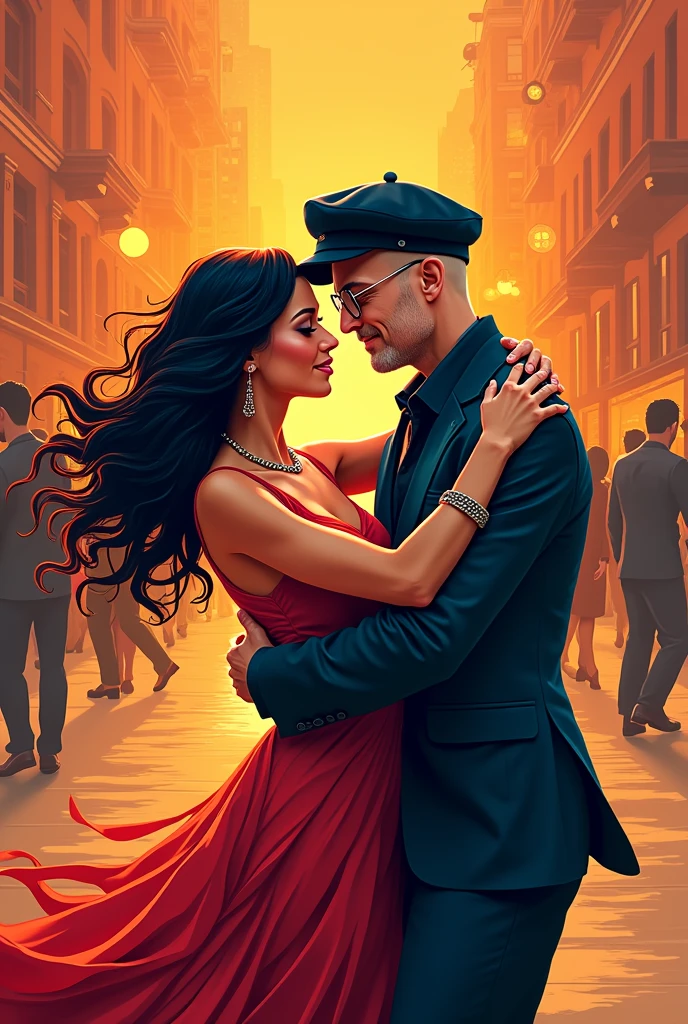 Generate a logo for a dance company named "Salsa con Groove", that includes a couple dancing and where the man is bald, white, with beret and glasses