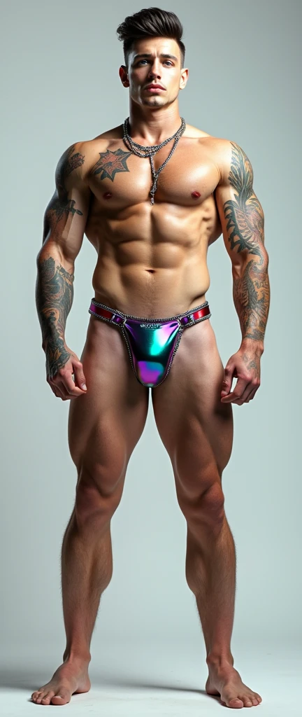 Fullbody standing picture of white skin Handsome muscular horny nude sexy gay boy wearing sexy shiny iridescent latex harness, shiny black Disconnected Pompadour oiled hair style, blue eyes, shiny black varnished vinyl vans, red lip, chain, tattoos, horny, cum shot, sperm, milking penis, very big penis, very big testicle, shiny oiled skin, orgasm, oversexed, standing at lighting room.