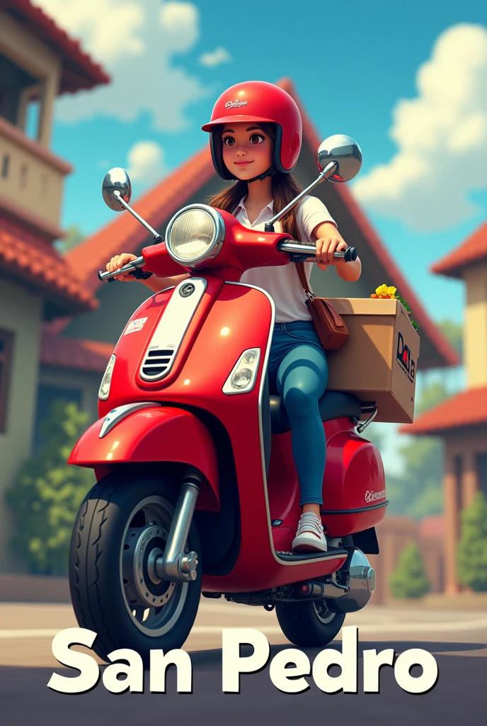 Red delivery motorcycle with groceries, Behind her the triangular shape of the top of a house and below the letters Depo San Pedro