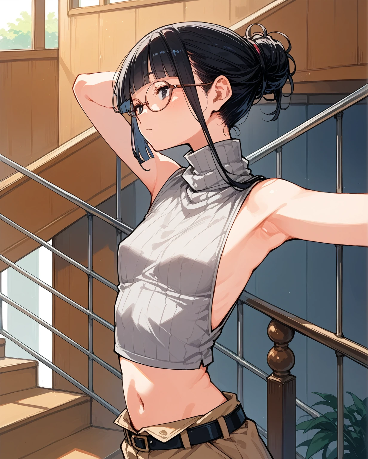 The sides of the upper body are completely exposed,側面が完全に空いているデザインのSleeveless turtleneck,Exposed from the flank to the chest,Protruding ribs,Exposed waistline,Super low rise,Not wearing an inner layer、胸元が開いたデザインのSleeveless turtleneck,Exposed chest、Exposed flanks,sexy,Flat Chest,Focus on your audience,Very thin body,Anime Style,Slim figure,delicate,Glasses,Asian woman wearing a grey top posing on the stairs, Sleeveless turtleneck_Baggy, 脇が完全に開いているSleeveless turtleneck_Relaxed back design,rib cage,Side bust,Shoulders are wide open,sexyなWearing a crop top, Photo of slim girl model, Chiho, T-Top, shikamimi, Wearing a crop top, Real life anime girls, Kurohime cut hair, Chassis, 2 4-year-old female model
