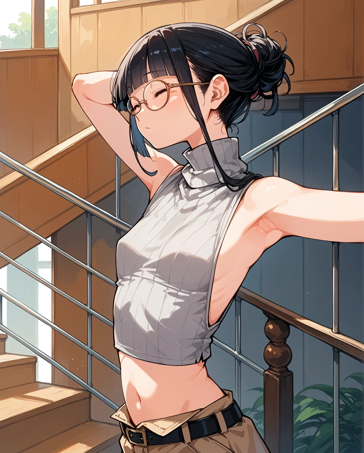 The sides of the upper body are completely exposed,側面が完全に空いているデザインのSleeveless turtleneck,Exposed from the flank to the chest,Protruding ribs,Exposed waistline,Super low rise,Not wearing an inner layer、胸元が開いたデザインのSleeveless turtleneck,Exposed chest､Exposed flanks,sexy,Flat Chest,Focus on your audience,Very thin body,Anime Style,Slim figure,delicate,Glasses,Asian woman wearing a grey top posing on the stairs, Sleeveless turtleneck_Baggy, 脇が完全に開いているSleeveless turtleneck_Relaxed back design,rib cage,Side bust,Shoulders are wide open,sexyなWearing a crop top, Photo of slim girl model, Chiho, T-Top, shikamimi, Wearing a crop top, Real life anime girls, Kurohime cut hair, Chassis, 2 4-year-old female model