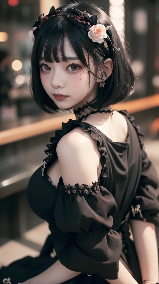 Surreal、A masterpiece of delicate and detailed line drawing、Highest quality、Highest quality、(One Woman、、(Big Breasts:1.3), (Big Ass:1.3)、(Black Hair、Hime cut, short hair:1.2)、(Natural Makeup、Eyelash extensions、Draw eyelashes sharply、Eyebrows are thin and short、Deep orange blush:1.1)、(Spaced out、Looks sleepy、Open your mouth、Slightly red cheeks:1.2)、(Simple black hair accessories、Gothic dress with exposed chest:1.3))、Dark Rose Gardens、Purple Rose、(Blur the background:1.3)、(Top view of the subject:1.1)、Photo from thigh up