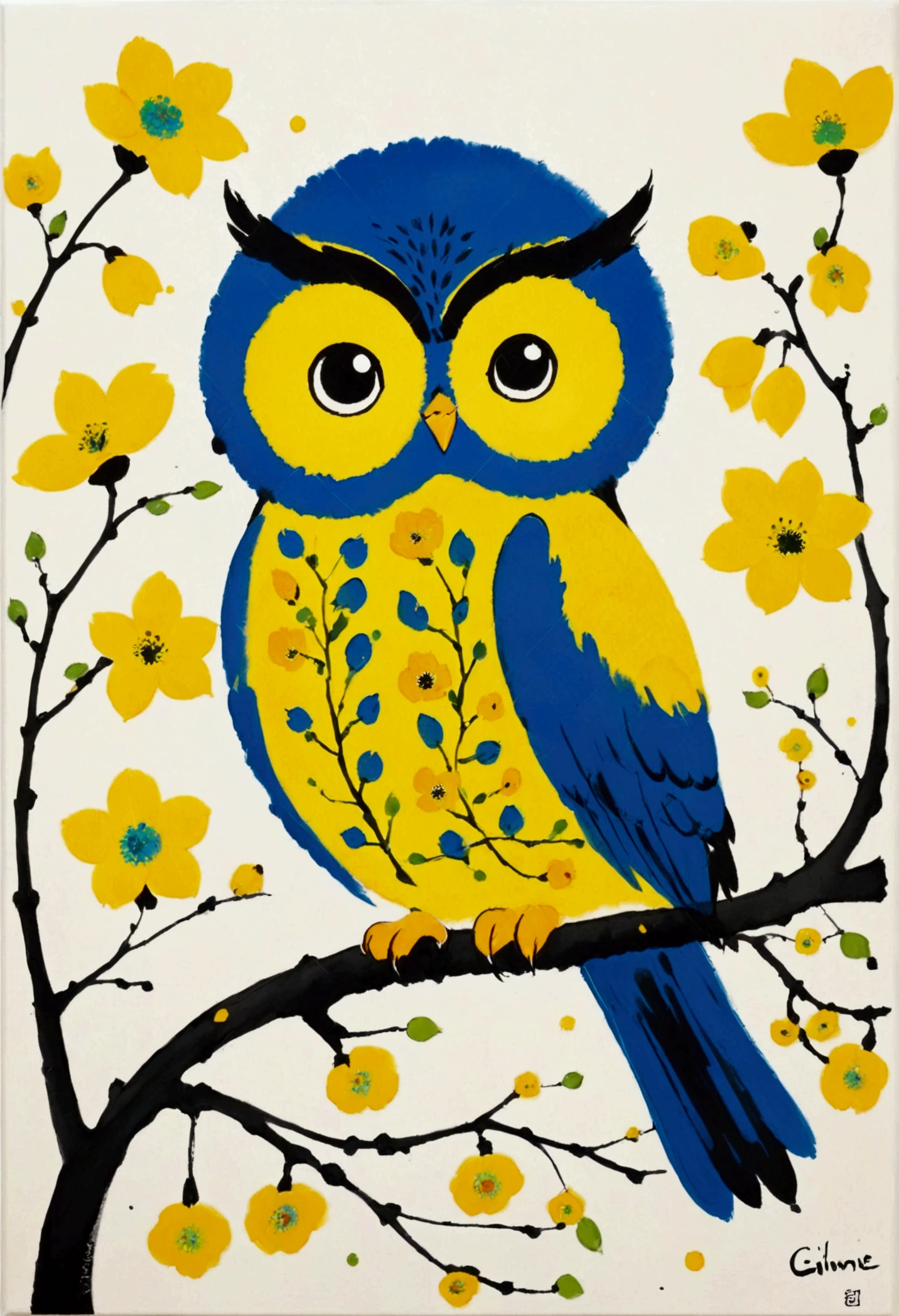 Ink Painting，Blooming，Dripping，。A cute little owl，yellow flowers,  Inspired by Wu Guanzhong, Inspired by Qi Baishi, Inspired by Tarsila do Amaral, Inspired by Etel Adnan, by Walasse Ting, Inspired by Emil Nolde, bluejay