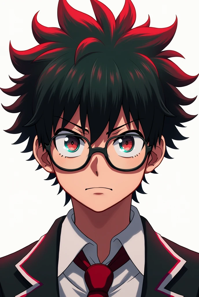 Help me create a My Hero Academia character with black hair and parts of his hair red and combed with aqua red eyes and glasses, with a serious and upset expression on a completely white background