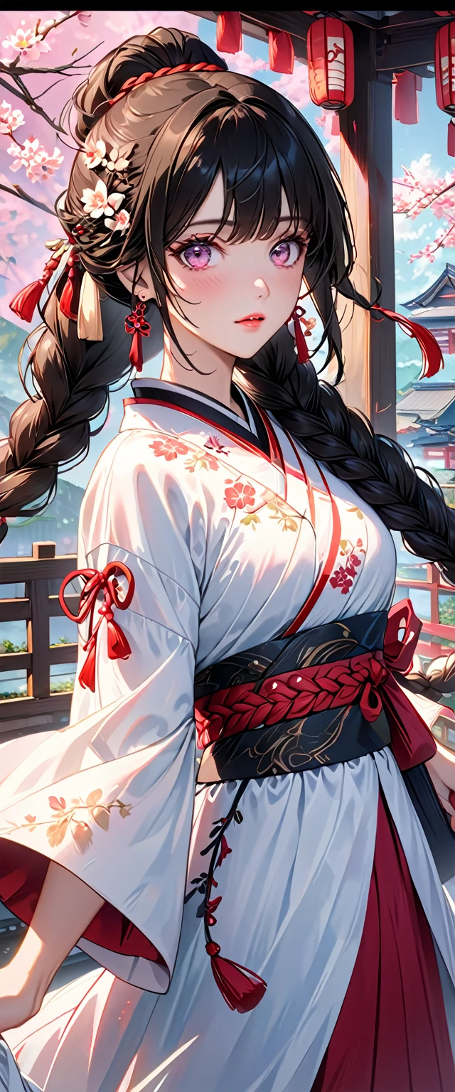 (Perfect Anatomy)、Mastepiece、Ultra High Quality、 8k、masterpiece、Highest quality、Ultra-high resolution、Maximum resolution、Very detailed、Professional Lighting、anime、woman、thin、Very beautiful face、Very beautiful eyes、(Highly detailed eye)、Highly detailed face, Golden earrings、Black Hair,、Pink eyes, Braiding、Straight bangs, contouring, makeup, eyeliner, eye shadow, pink cheek, pink lips, full body, standing, japanese mythology, (((dancing))), shrine,