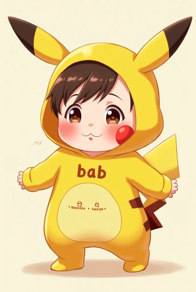 Cute face baby Body and baby Dressed as a Pikachu costume The face is anime-style Write "bab" on the stomach area and write "seinto" and "seiya" underneath it.