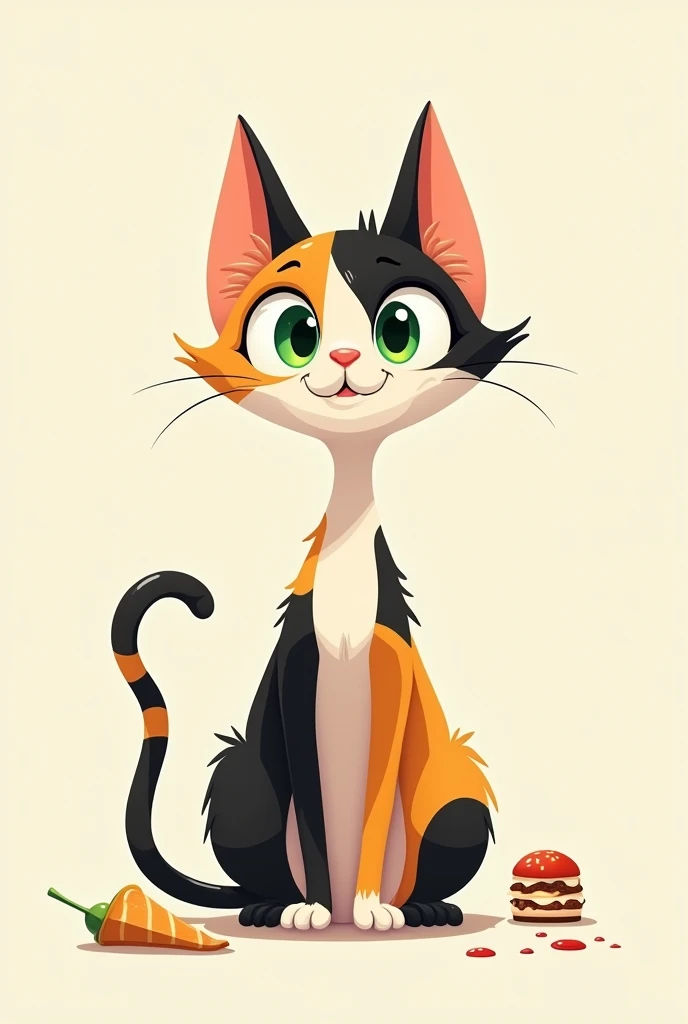 female cat, slim, tricolor, addicted to food and silly green eyes