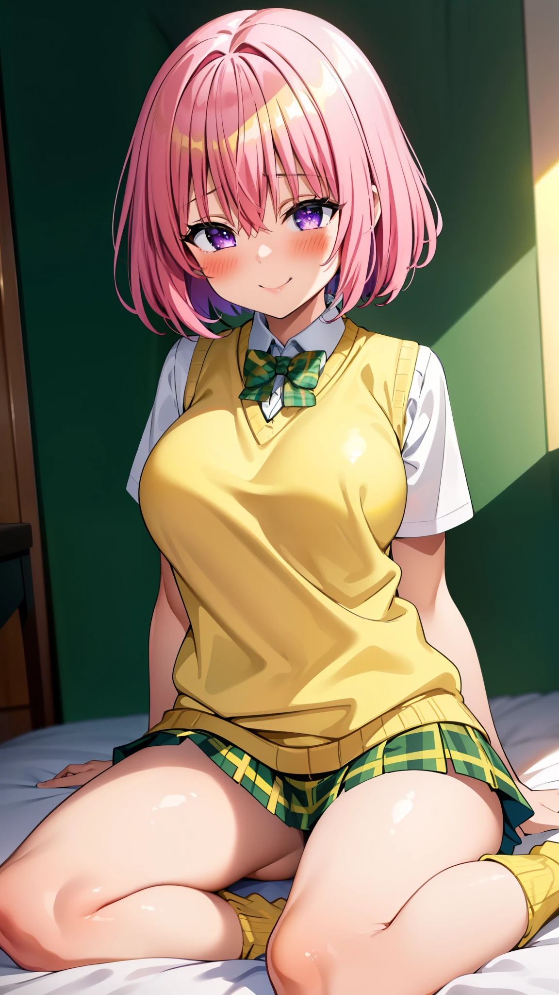 8k,Highest,quality,(highest quality:1.1), (masterpiece:1.4), (Confused:1.0),
1 girl, Momo Deviluke, hair ornaments, Bobcut, Short Hair Pink Hair, Purple eyes, Large Breasts, green skirt, Plaid, Plaid skirt, sainan high school uniform, skirt, Sweater vest, Knee socks, socks ,(Yellow Sweater:1.5), Short sleeve,((white bed)),((In her room)), (blush:1.2), smile,(Perfect Fingers),mesugaki,