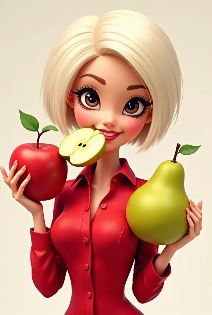 Barbie cartoon style, with brown eyes,short white hair ,dressed in a long-sleeved button-down shirt , red color with an apple and a pear in her hands ,seductive look taking a bite out of the pear