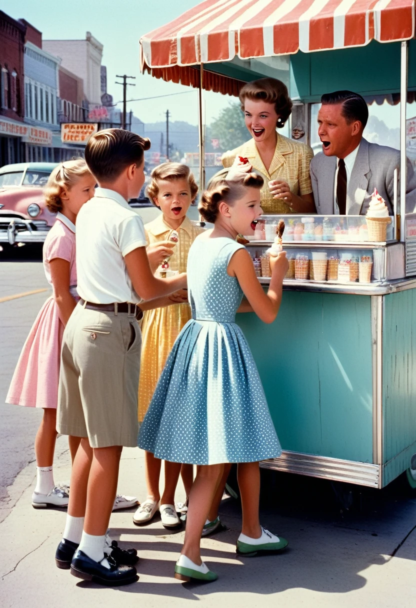 1950s America,children crowding around an ice cream stand, summer vacation, carefree days that turn to fear of nuclear attack, professional lighting, professional camera, highly detailed, photorealistic, warm colors, soft lighting, nostalgic atmosphere, dynamic composition, subtle film grain, emotional facial expressions, dynamic poses, vibrant colors, intricate details, cinematic lighting, depth of field, masterfully executed