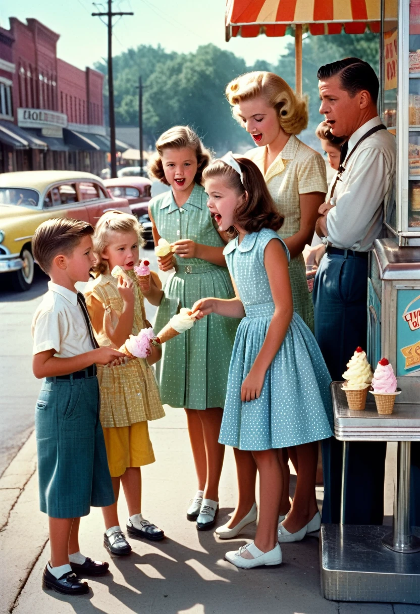 1950s America,children crowding around an ice cream stand, summer vacation, carefree days that turn to fear of nuclear attack, professional lighting, professional camera, highly detailed, photorealistic, warm colors, soft lighting, nostalgic atmosphere, dynamic composition, subtle film grain, emotional facial expressions, dynamic poses, vibrant colors, intricate details, cinematic lighting, depth of field, masterfully executed