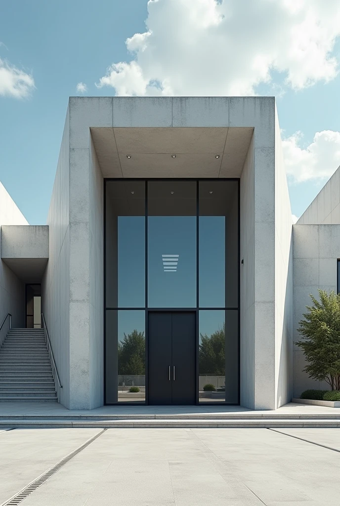 Make a medium-sized building with large glass windows facing downwards,In the center there is a black door and on the left side there are some stairs. I want everything to be a minimalist and functional design inspired by the superheroes Iron Man and Spider Man.