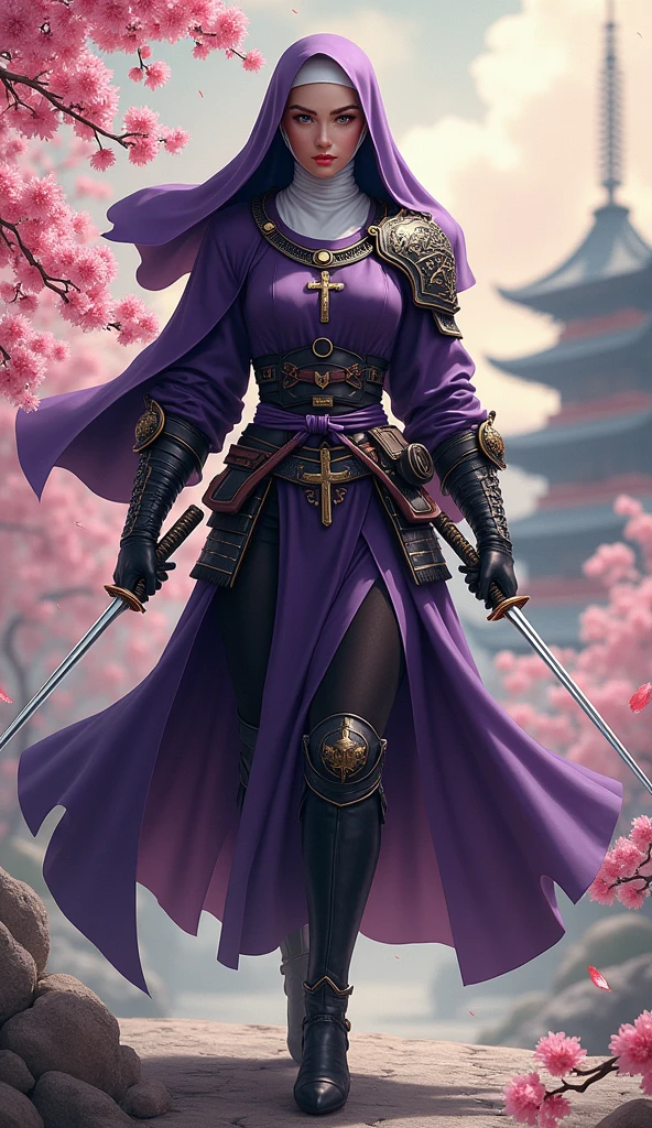 Create a dynamic portrait of a Samurai Nun, fusing religious devotion with warrior prowess. Her attire blends a traditional nun's habit with samurai armor: a deep purple bodysuit with a high slit, adorned with lightweight armor plates. A flowing purple veil replaces the kasa helmet, while a white wimple frames her face, bearing a small cross pendant. She wields a gleaming katana, its hilt adorned with religious symbols. Black, high-heeled boots with cross motifs complete her ensemble. A utility belt holds prayer beads and small weaponry. The background evokes a Japanese painting: cherry blossoms swirl in the wind, while a distant pagoda silhouette looms. Incorporate elements like floating lanterns, calligraphy scrolls, and stylized clouds to enhance the atmosphere. Use a color palette dominated by deep purples, blacks, and metallic accents, with splashes of cherry blossom pink. Convey a sense of grace, power, and spiritual intensity in her pose and expression, blending Western and Eastern iconography in this unique warrior-nun design.