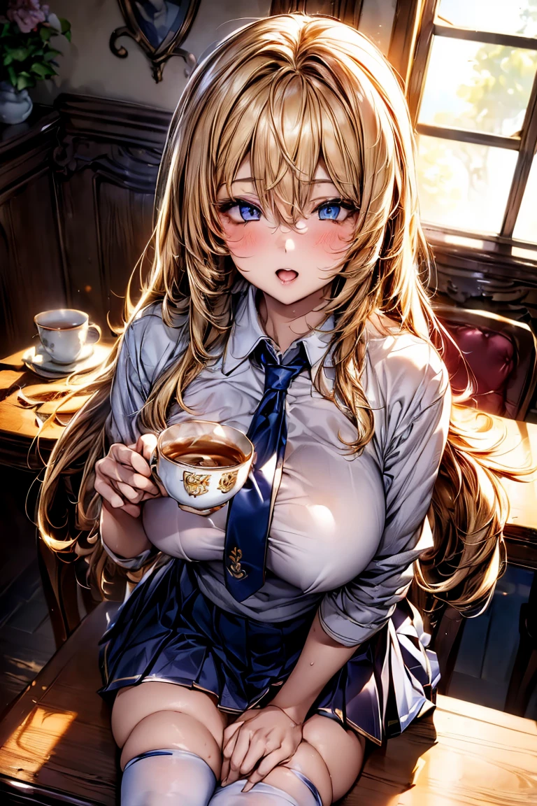 Browsing Caution,(((restaurant))),((Sit on a chair)),((Large table)),((Teacups on the table,Milk tea in a teacup,テーブルにShortcake,)),View from the other side of the table,((Eat with a fork)),((Plate on the table,Shortcake)),(Highest quality, 8k, masterpiece:1.3,beautiful girl),(((Woman 1))) (Very detailed)Glowing Skin,(((Long Hair,blonde,Beautiful Hair))),(Perfect Anatomy, Anatomically correct, Very detailed肌),((Golden Eyes)),((Perfect Fingers,Five Fingers)),((Light blue collared shirt, Navy pleated mini skirt, socks, Navy tie, Light brown cardigan, White knee socks)),Pink Panties, Knee-high socks,Knee-high socks on both feet,Double 歯,(((Heart symbol on eye))),Big Breasts,Big Ass,noon,Light pours in through the window,Top View,Chairs and table isolated,Holding a teacup in your hand