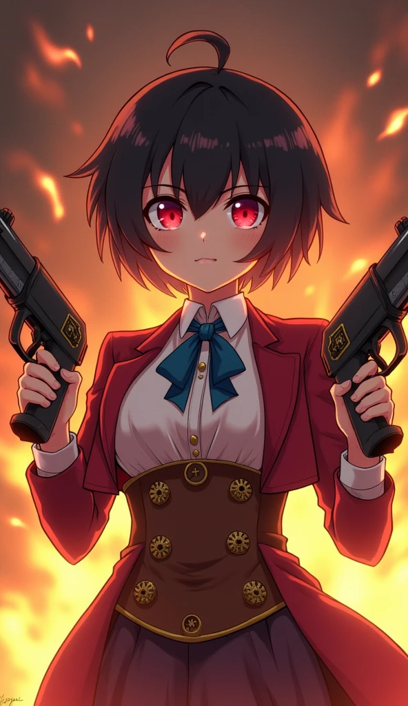 Create a dynamic portrait of Mumei, the fierce Kabaneri warrior from Koutetsujou no Kabaneri. She stands confidently, her frame exuding strength and determination. Her short, dark hair frames her face, with a distinctive ahoge curl. Piercing red eyes glow with an otherworldly intensity, reflecting her Kabaneri nature. Mumei wears her signature outfit: a white collared shirt beneath a crimson jacket, paired with a brown corset-like belt adorned with golden gears. A blue ribbon adds a touch of femininity to her combat-ready ensemble. In each hand, she grips her steam-powered guns, ready for battle. The background blazes with warm oranges and golds, suggesting a world engulfed in chaos and conflict. Embers and ash float around her, creating an atmosphere of impending danger. Capture Mumei's complex personality - a blend of childlike innocence and battle-hardened warrior. Convey her resolve, strength, and the weight of her responsibility as a protector against the Kabane threat.