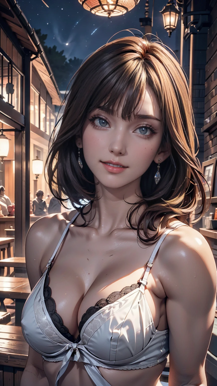 sksbrooke People, sksbrooke, Browsing Caution, (masterpiece:1.2), (Highest quality:1.2), Perfect Eyes, Perfect Face, (night),, (Exposing breasts), Upper Body, close, One girl, alone, Brown eyes, (Medium chest), Firm breasts, Nipples, elaborate lingerie, 、Sexy proportions、Narrow waist、Bewitching Smile