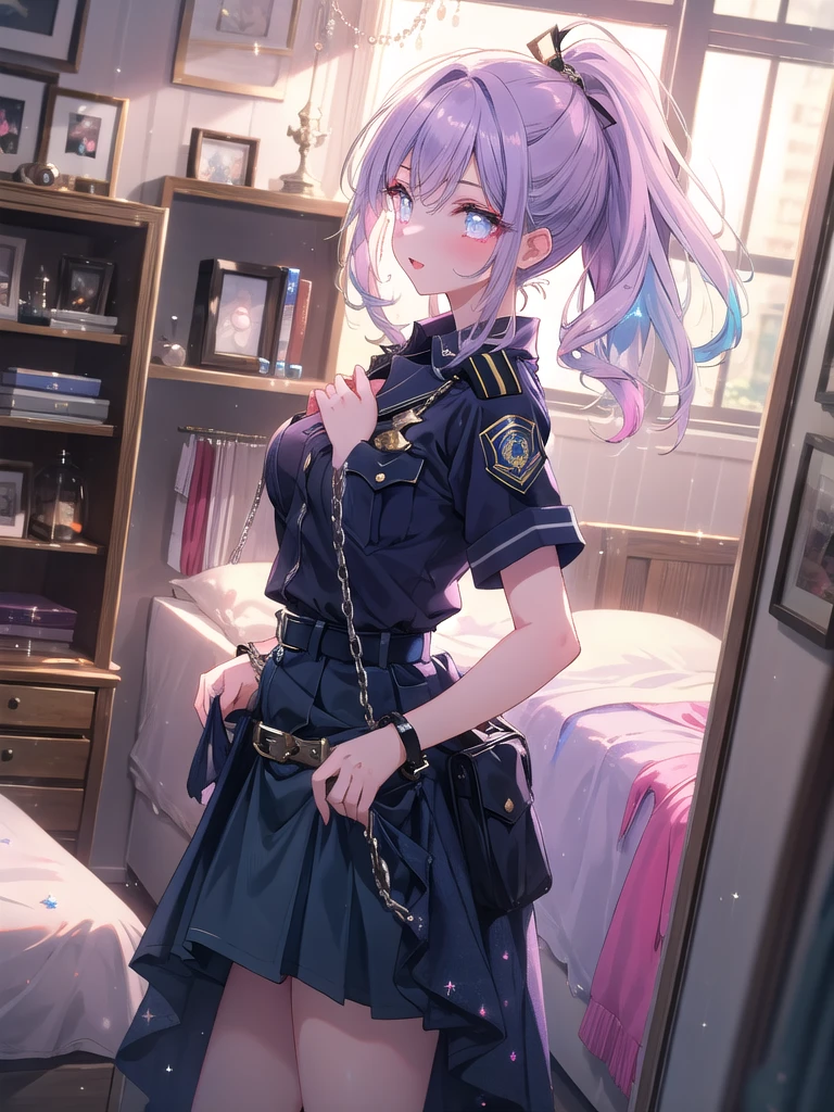 <lora:tashkent_xl_v1.1-000010:1>,tashkent,6 year old,purple hair,blue eyes,ponytail,
white thighhighs,suspender shorts,white shirt,badge,black necktie,chains,choker,black shorts,hair ribbon,
standing,
cowboy shot,
prison,window,