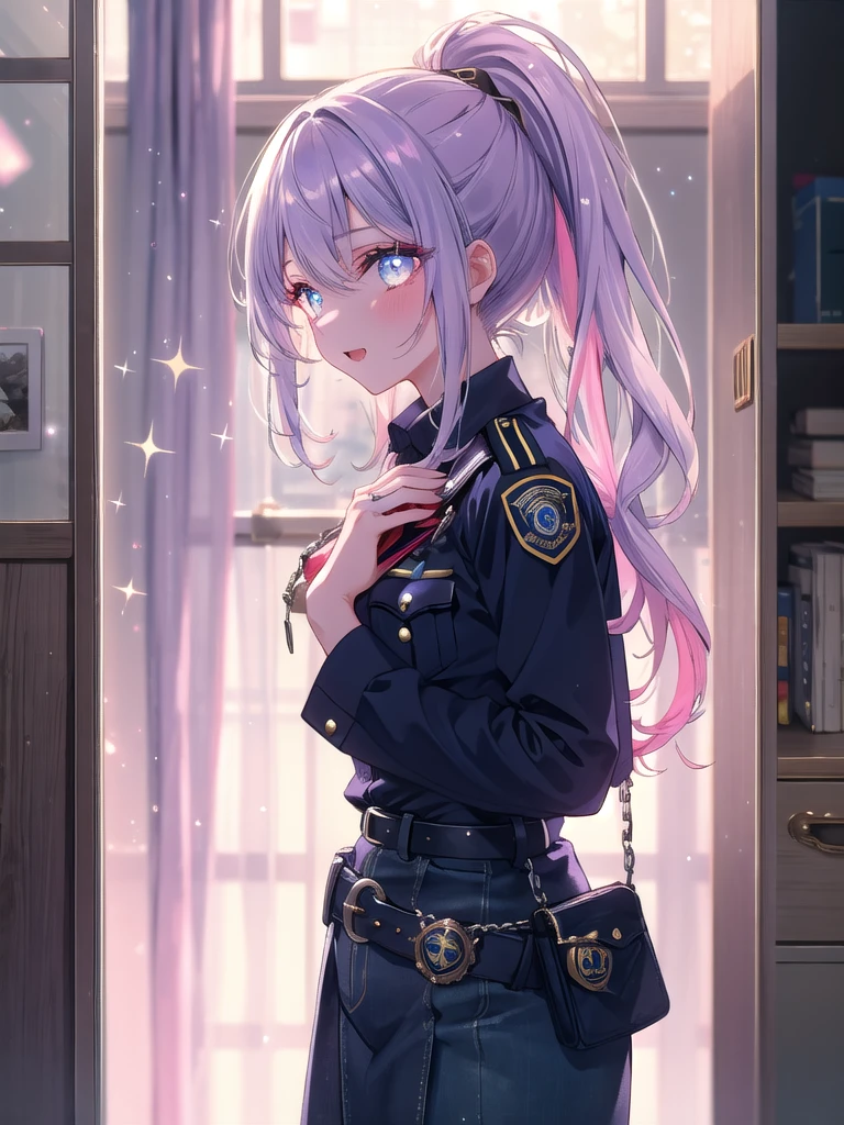 ((8k, Highest quality, masterpiece: 1.3)),Ultra-high resolution,(1 girl, alone), (Color changing eyes, Ultra-detailed, Expressive brilliance, Glitter, Glowing Eyes), Highly detailed eyes, Highly detailed face, Random Hair, ((pastel colour)),A playful young woman with pastel lavender hair styled into a high ponytail, standing near her closet in her stylish bedroom during the late afternoon. She is dressed in a sexy police officer cosplay, wearing a tight navy blue uniform, a badge pinned to her chest, and a pair of handcuffs hanging from her belt. The camera captures her from a side angle as she playfully twirls the handcuffs around her finger, her expression confident and teasing. The room is filled with warm, natural light, with a full-length mirror reflecting her figure, and a few scattered clothes adding to the casual yet seductive atmosphere,(nsfw:1.1)