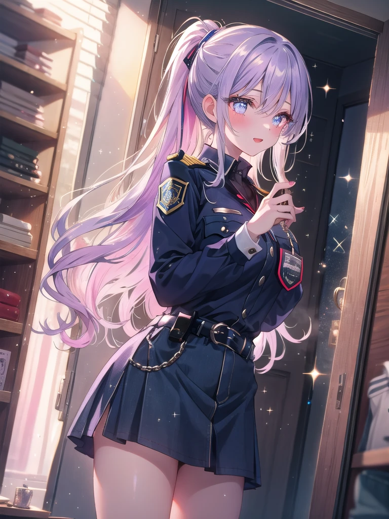 ((8k, Highest quality, masterpiece: 1.3)),Ultra-high resolution,(1 girl, alone), (Color changing eyes, Ultra-detailed, Expressive brilliance, Glitter, Glowing Eyes), Highly detailed eyes, Highly detailed face, Random Hair, ((pastel colour)),A playful young woman with pastel lavender hair styled into a high ponytail, standing near her closet in her stylish bedroom during the late afternoon. She is dressed in a sexy police officer cosplay, wearing a tight navy blue uniform, a badge pinned to her chest, and a pair of handcuffs hanging from her belt. The camera captures her from a side angle as she playfully twirls the handcuffs around her finger, her expression confident and teasing. The room is filled with warm, natural light, with a full-length mirror reflecting her figure, and a few scattered clothes adding to the casual yet seductive atmosphere,(nsfw:1.1)