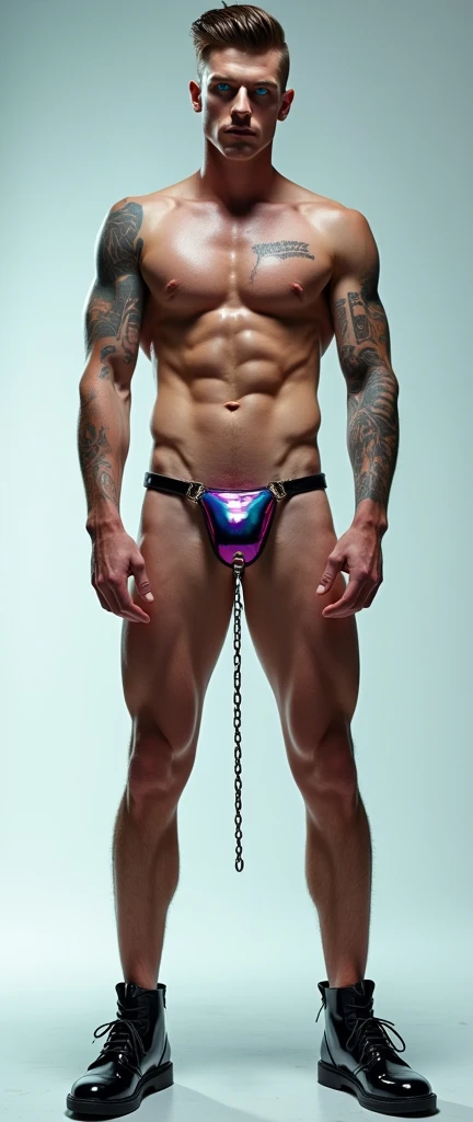 Fullbody standing picture of white skin Handsome muscular horny nude sexy gay boy wearing sexy shiny iridescent latex harness, shiny black Disconnected Pompadour oiled hair style, blue eyes, shiny black varnished vinyl shoes, red lip, chain, tattoos, horny, cum shot, sperm, milking penis, very big penis, very big testicle, shiny oiled skin, orgasm, oversexed, standing at lighting room.