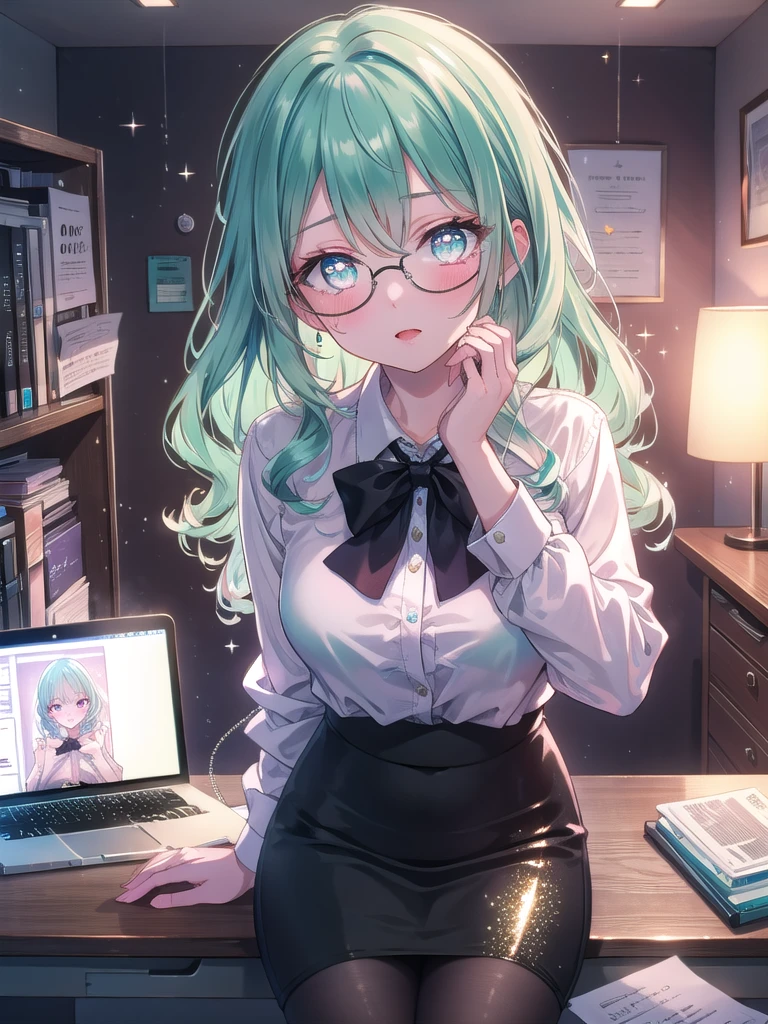 ((8k, Highest quality, masterpiece: 1.3)),Ultra-high resolution,(1 girl, alone), (Color changing eyes, Ultra-detailed, Expressive brilliance, Glitter, Glowing Eyes), Highly detailed eyes, Highly detailed face, Random Hair, ((pastel colour)),A confident young woman with pastel mint-green hair styled into soft curls, sitting at her desk in her dimly lit bedroom during a quiet night. She is dressed in a seductive secretary cosplay, wearing a tight pencil skirt, a low-cut blouse, and a pair of glasses perched on her nose. The camera captures her from a slightly elevated angle as she leans over the desk, her expression professional yet alluring. The room is softly lit by a desk lamp, with a laptop, some papers, and a few office supplies spread out, creating an atmosphere of both professionalism and seduction,(nsfw:1.3)