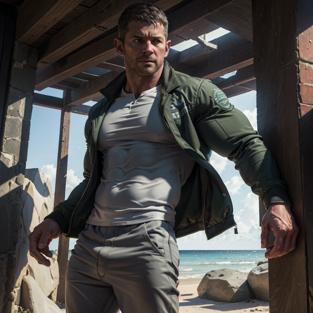 An award-winning original photo, 1 man, solo, ((41 year old)), Chris Redfield, ((daddy)) weaing casual gray T-shirt inside, ( jacket with white and green print outside), (black trousers), muscular male, tall and hunk, biceps, abs, deadpan face, best quality, masterpiece, dynamic angle, beach in the background, detailed face, volumetric lighting, center focus, from below,(Best quality, A high resolution, Photorealistic), Cinematic lighting, Masterpiece, RAW photo, Intricate details, hdr,