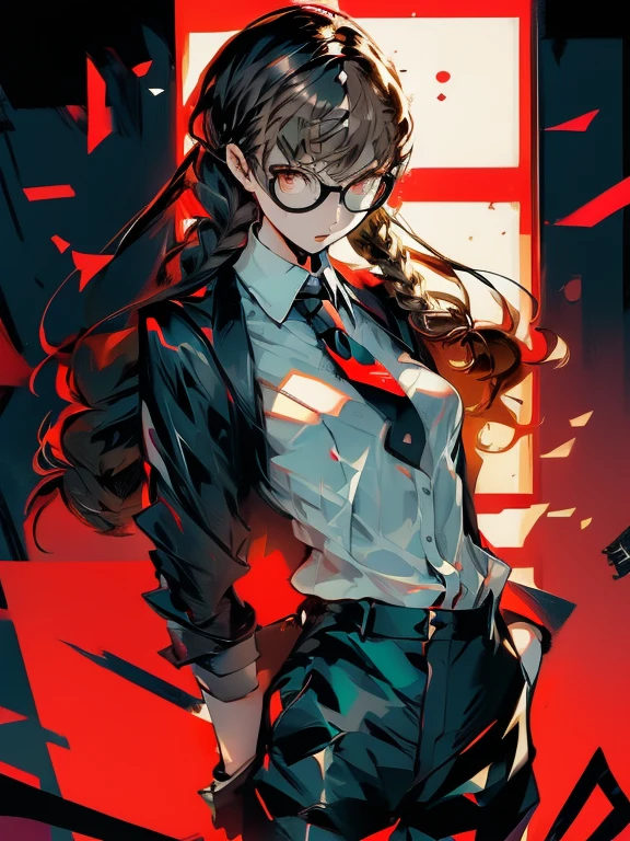 ((chibi)), big head, focus face, in the art style of persona5, (masterpiece:1.2, highest quality), (Realistic, photoRealistic:1.4), Beautiful illustrations, (Natural Side Lighting, Cinema Lighting), Written boundary depth, Beautiful thighs staring at the viewer, 1 female, 20-year-old, alone, thin, slender, (small breasts), long Hair, curly Hair, ((single braid)), Forehead, Forehead, Forehead, Forehead, thin, slender, glasses, ((Skinny black pants, collared shirt, necktie)), Are standing, (((glasses)))