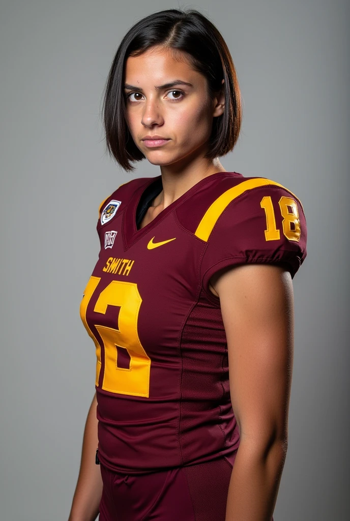 A photo of Hannah Smith, a wide receiver for the female Minnesota Golden Gophers football team. Number 18.
