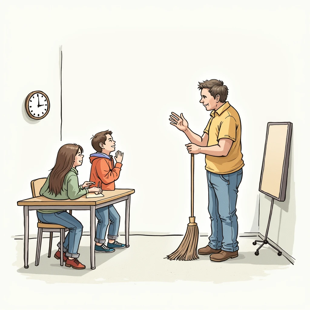 Create a drawing of a teacher asking his students to sweep.