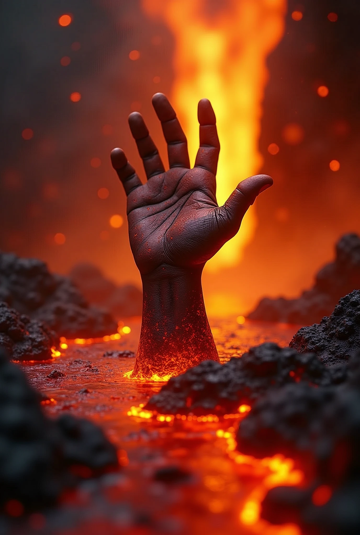 a detailed hand reaching up from a pool of glowing lava, orange and red molten rock, dramatic lighting, cinematic composition, intricate details, best quality, 8k, highres, masterpiece:1.2, ultra-detailed, realistic, photorealistic, photo-realistic:1.37, HDR, UHD, studio lighting, ultra-fine painting, sharp focus, physically-based rendering, extreme detail description, professional, vivid colors, bokeh, dark fantasy, dramatic, hyper-realistic
