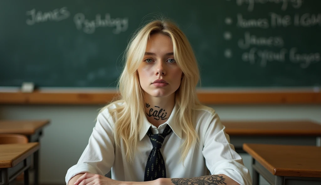 Actress Ellen Fanning sits in what appears to be a classroom setting. He has long blond hair and wears a shirt with a tie., which adds a formal yet youthful touch to your appearance. His gaze is directed towards the viewer, with a calm and introspective expression, that together with his slightly parted lips, adds to your contemplative attitude. His most notable features include the tattoo visible on his neck, what does it say "cali" in a delicate handwriting, and another intricate tattoo on his arm, which suggests a mix of elegance and nervousness in his character. the bottom, although slightly blurry, clearly shows traditional classroom elements, like desks and blackboards that are written "JAMES PSYCHOLOGY", that contrast with its modern and somewhat rebellious aesthetic. This juxtaposition evokes a sense of individuality and defiance in the face of conventional environments Seed 2035732640
